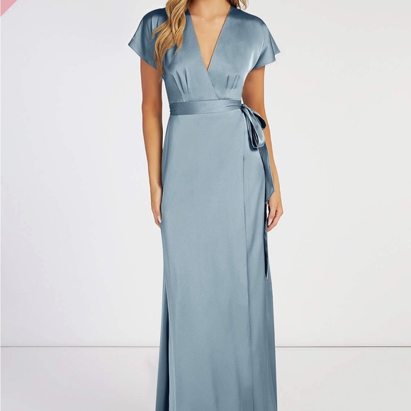 Azazie Nico Dusty Blue A-Line Satin Bridesmaid Wrap Dress Size A8 - Picture 1 of 9